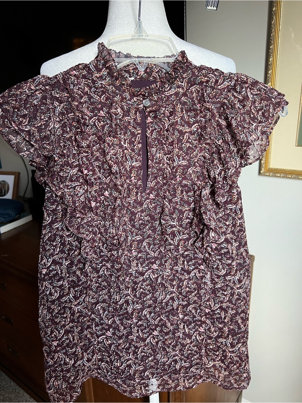 Women's Burgundy Floral Ruffle Neck Blouse